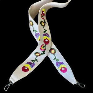Leather shoulder strap for purses.  Beige leather with embroidered flowers.